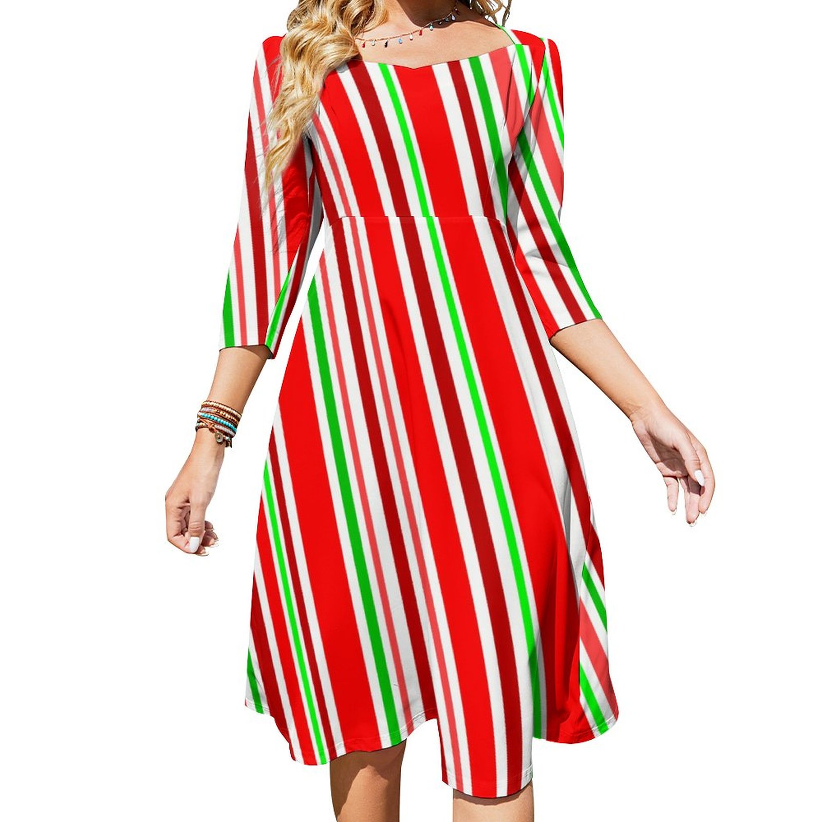 Candy Cane Slimming Spiral Stripes Red White Green Dress Sweetheart Tie Back Flared 3/4 Sleeve Midi Dresses