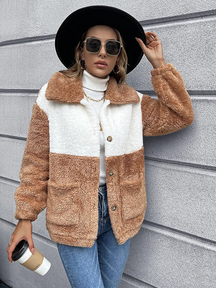 Double Sided Fleece Cropped Jackets Single Breasted Color Block Cardigan Jackets