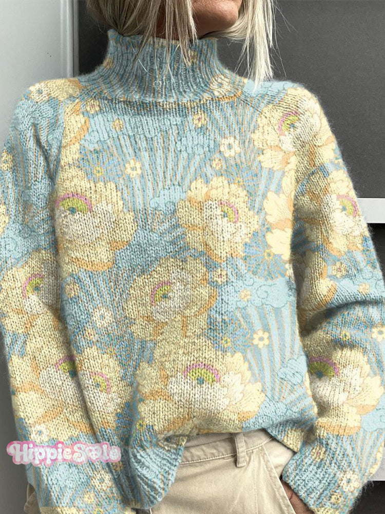 Vintage Floral Art Print Knit Turtleneck Pullover Sweater Multicolor / S