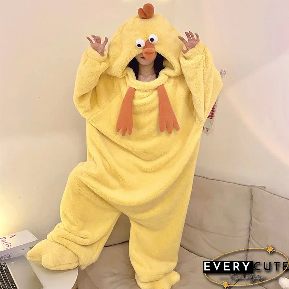 Funny Cartoon Chick Plush Hooded Jumpsuit Pajamas