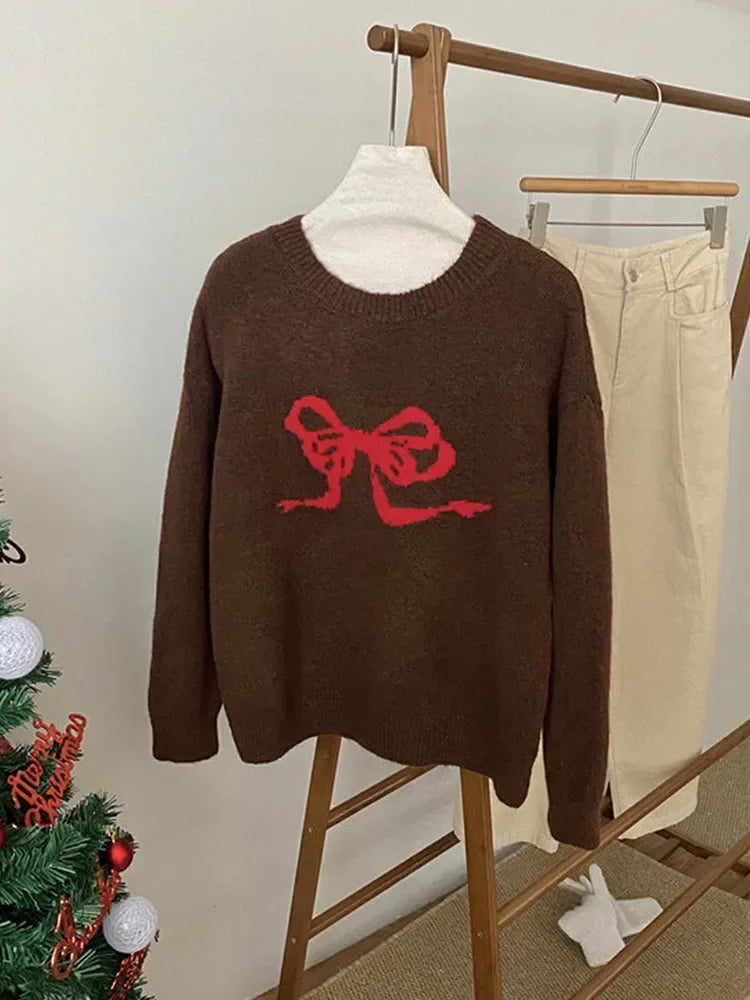 Aiertu Sweet Knitted Sweater Women Oversized Bow Embroidery Pullover Korean Fashion Casual Jumper All-Match Autumn Winter High Street Aiertu