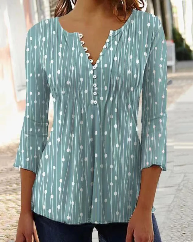 Women's  Casual V-neck   Long Sleeve  Polka Dots Stripes Top