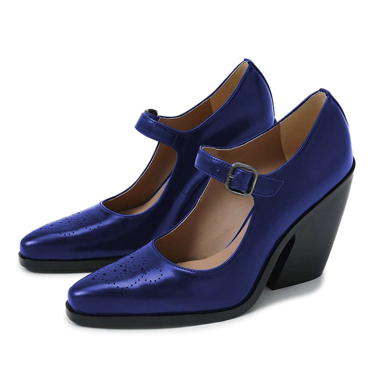 Metallic Perforated High Heel Blue Mary Jane Shoes for Women Nicepairs