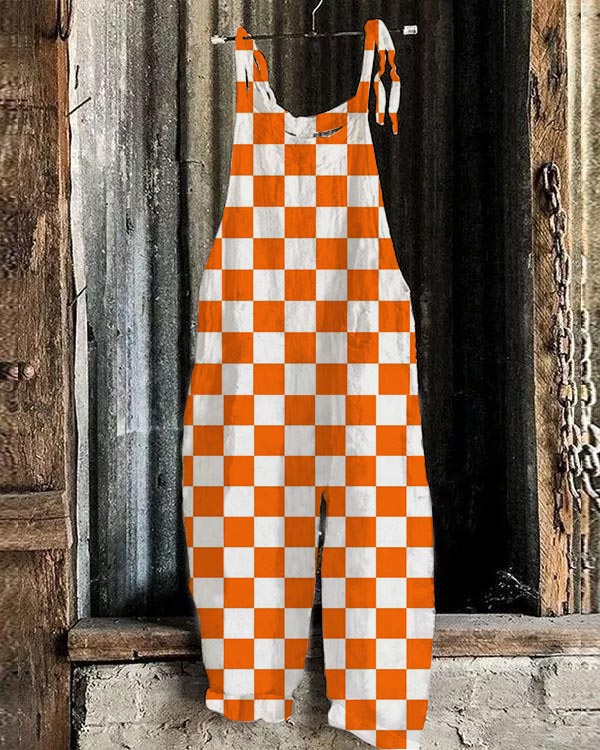 Casual Orange Plaid Loose Jumpsuit