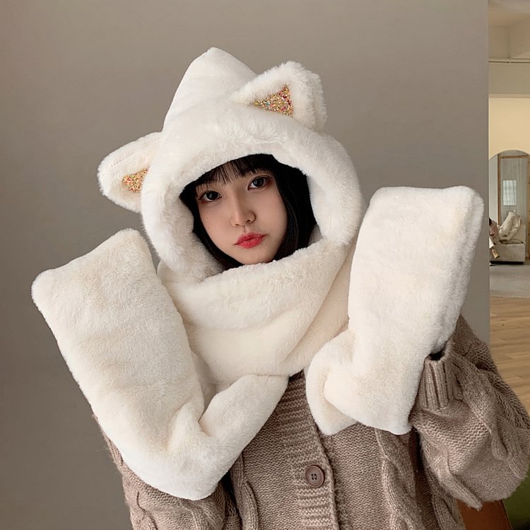 Cat Ears Hat Soft Scarf Gloves Warmer - Modakawa Modakawa