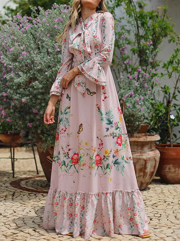 WOMEN'S PINK TRUMPET SLEEVE FLOWER PRINT DRESS