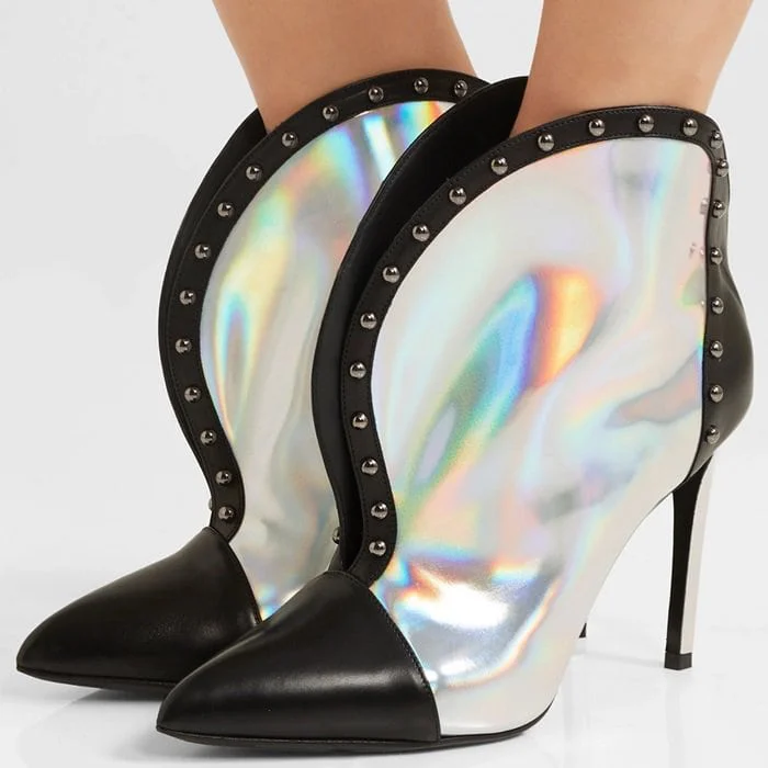 Black and Silver Hologram Stiletto Boots Studded Ankle Boots |FSJ Shoes