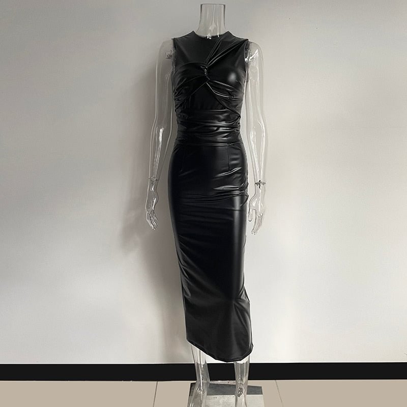 KGFIGU PU Dresses For Women 2021 Summer O-Neck Sexy Skinny Maxi Dress In Leather Elegant Solid Color Party Dress