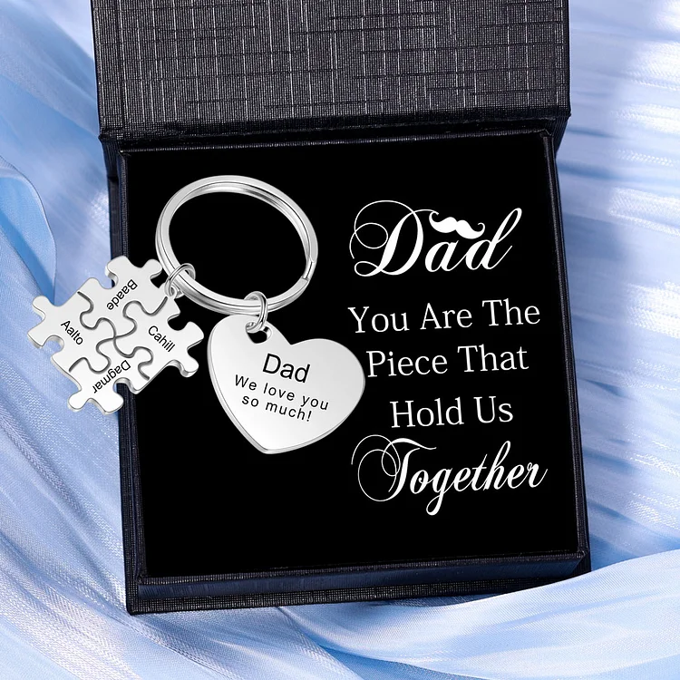 4 Names - Personalized Puzzle Pieces Keychain Custom 1 Text Heart Keychain Gifts For Dad/Mom
