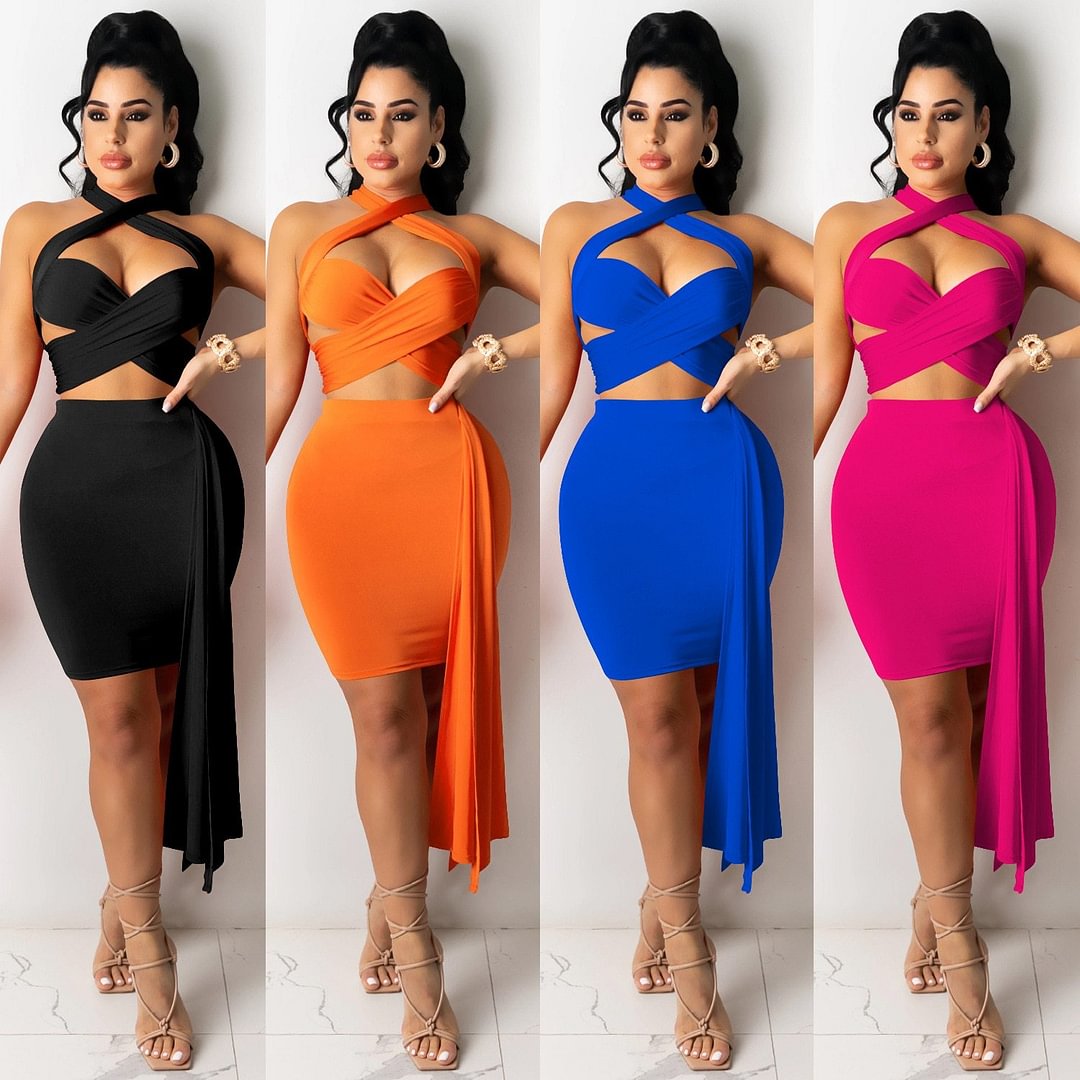 Sexy Two Piece Short Set Club Outfits for Women Summer 2021 Cross Wrap ...