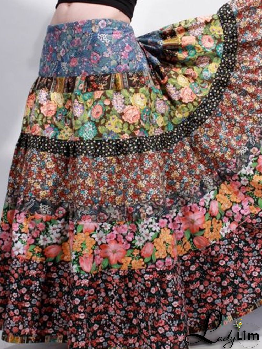 Bohemian Floral Patchwork Big Swing Maxi Tiered Skirt