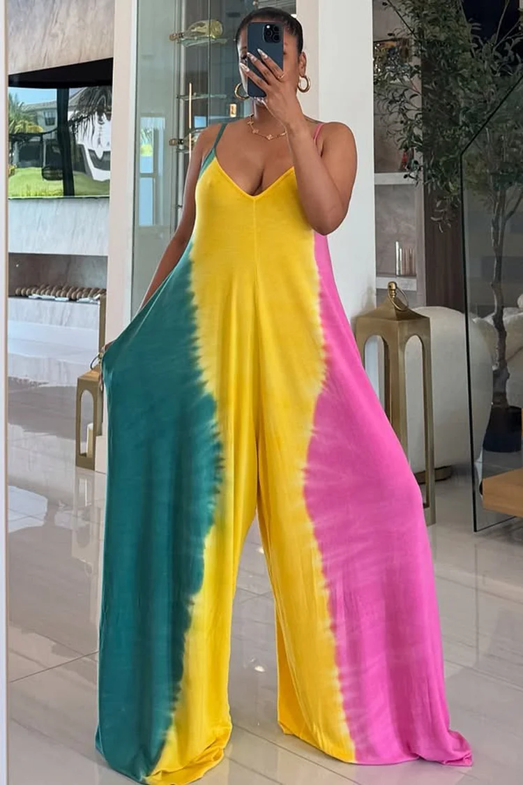 Colorblock Tie Dye Print Oversize Cami Wide Leg Jumpsuit-Yellow [Pre Order]
