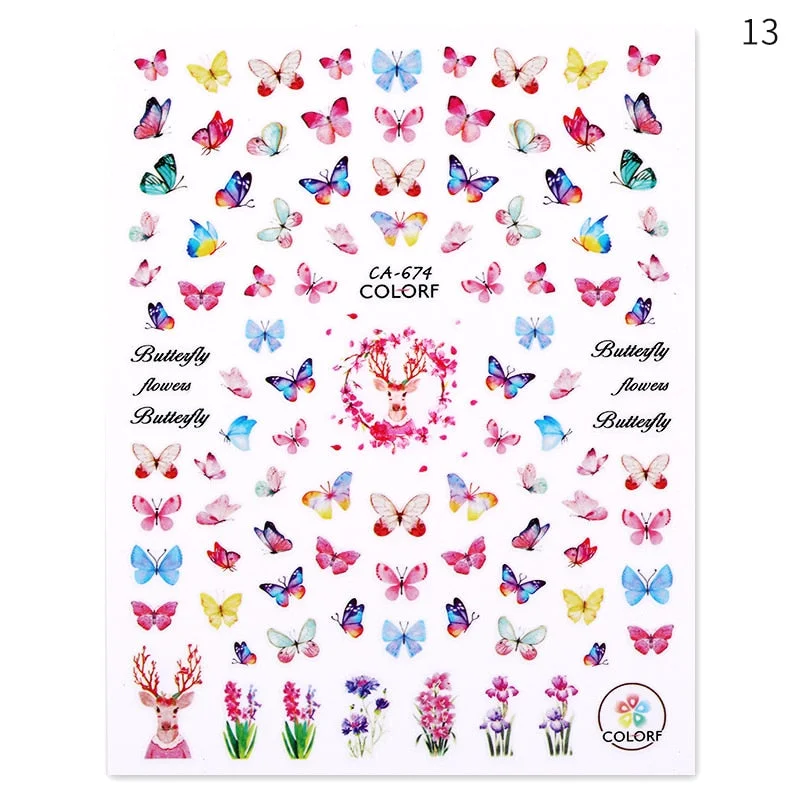 1PC 3D Butterfly Nail Sticker Spring Flower Leaves Alphabet Valentines's Day Transfer Foil Slider Nail Art Decoration Manicures