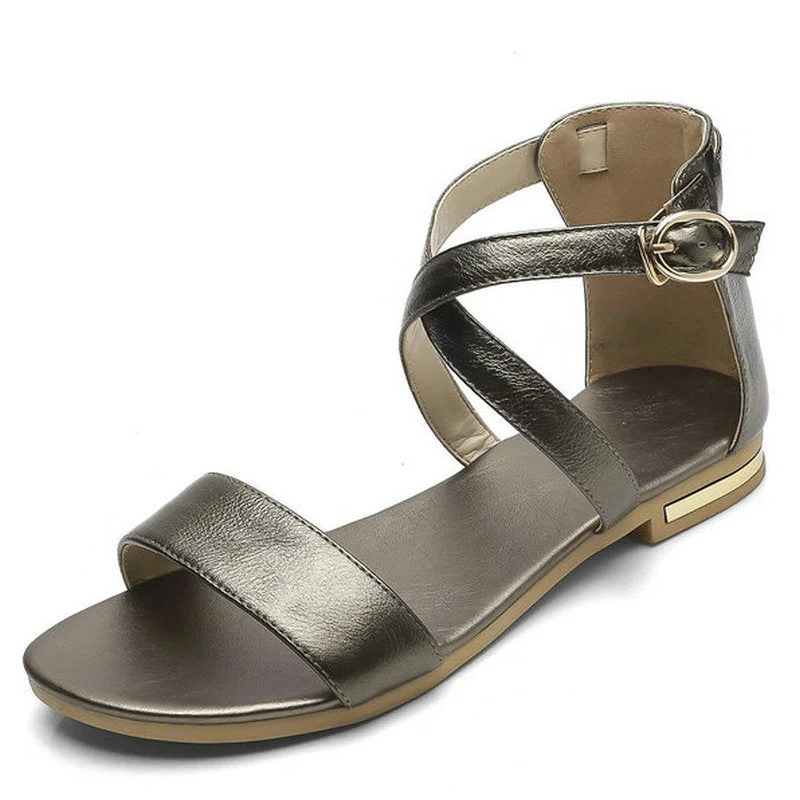 NEMAONE 2018 Genuine Leather Women Sandals Summer Sweet Women Flats Heel Sandals Ladies Shoes Black big size 12 13 14 15