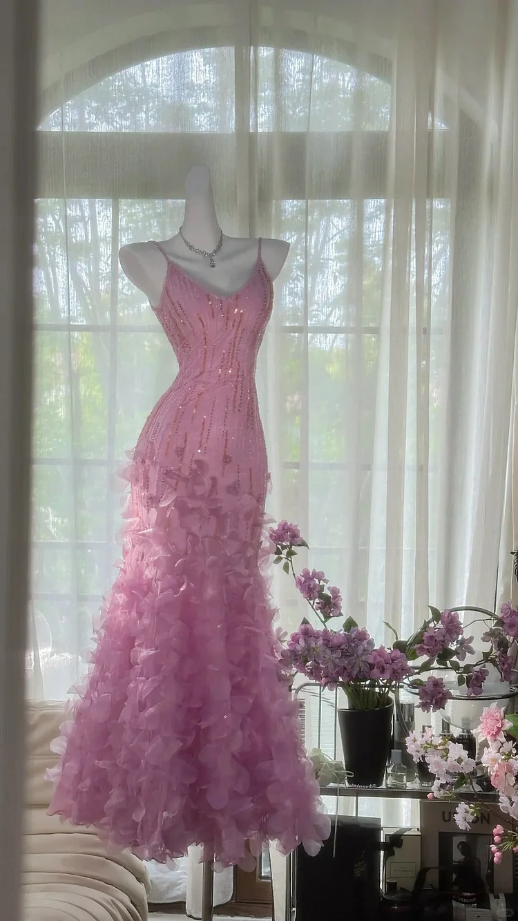 vintage pink and purple mermaid long slim beaded elegant chiffon homecoming dress prom dress evening dress birthday party dress date dress