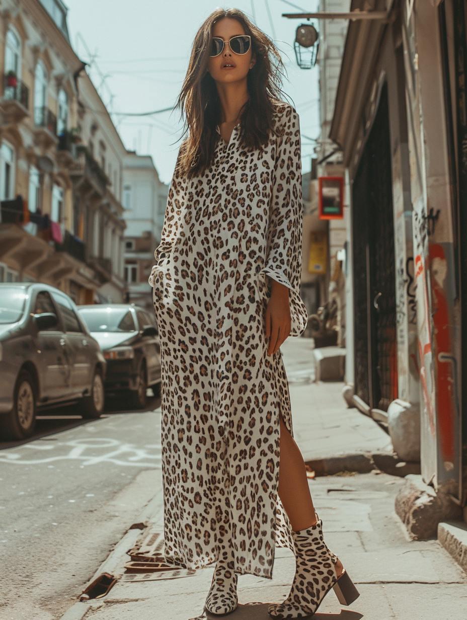 Caftan Leopard Printed Beach V-Neck Kaftan Dress