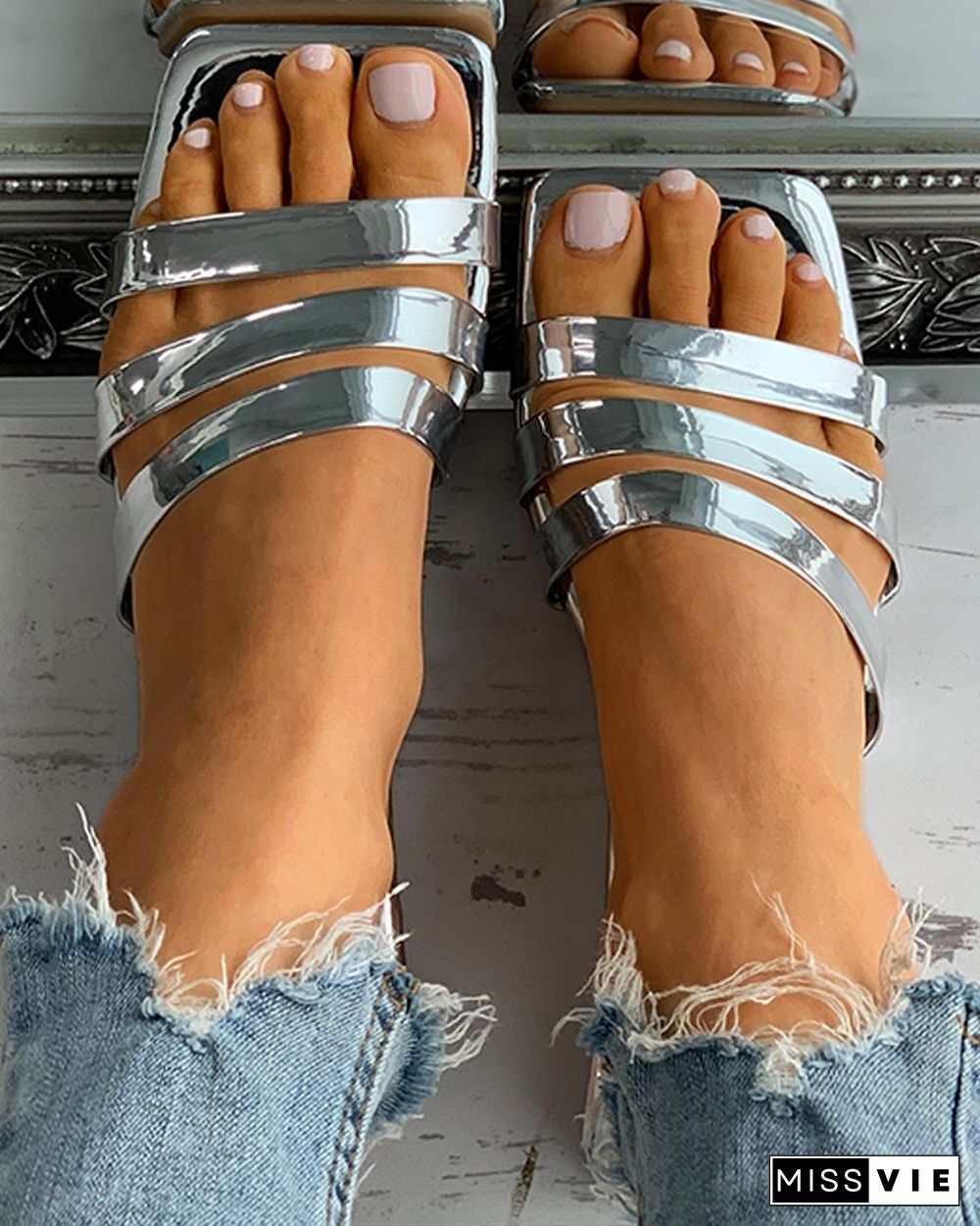 Multi Strap Square Toe Flat Sandals