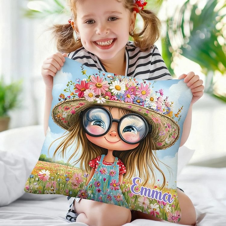 Personalized Quirky Flower Girl Soft Throw Pillow Cover with Name Home Decor Birthday Gift for Girls Friends