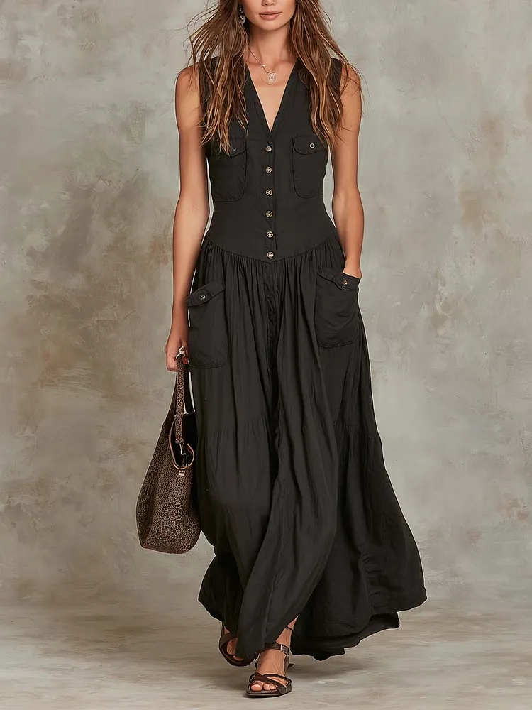 Black Sleeveless Maxi Dress With Pocket Buttons