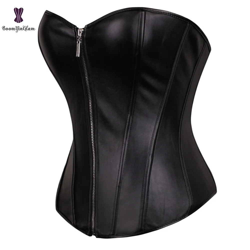 Push Up Women Black Faux Leather Bustier Burlesque Basque Fancy Dress Corset With G String 834#
