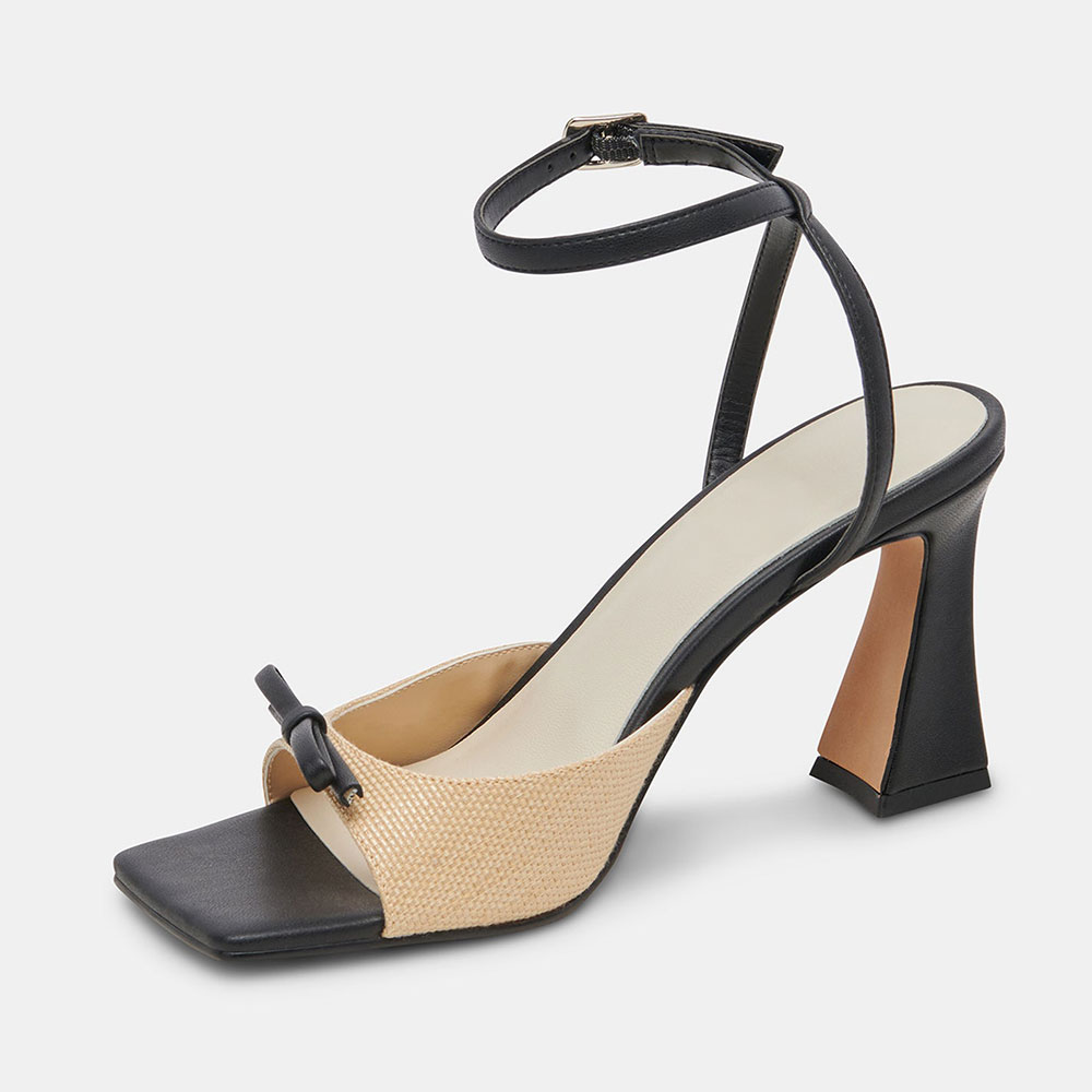 Beige & Black Open Square Toe Flared Heel Ankle Strap Women's Sandals Nicepairs