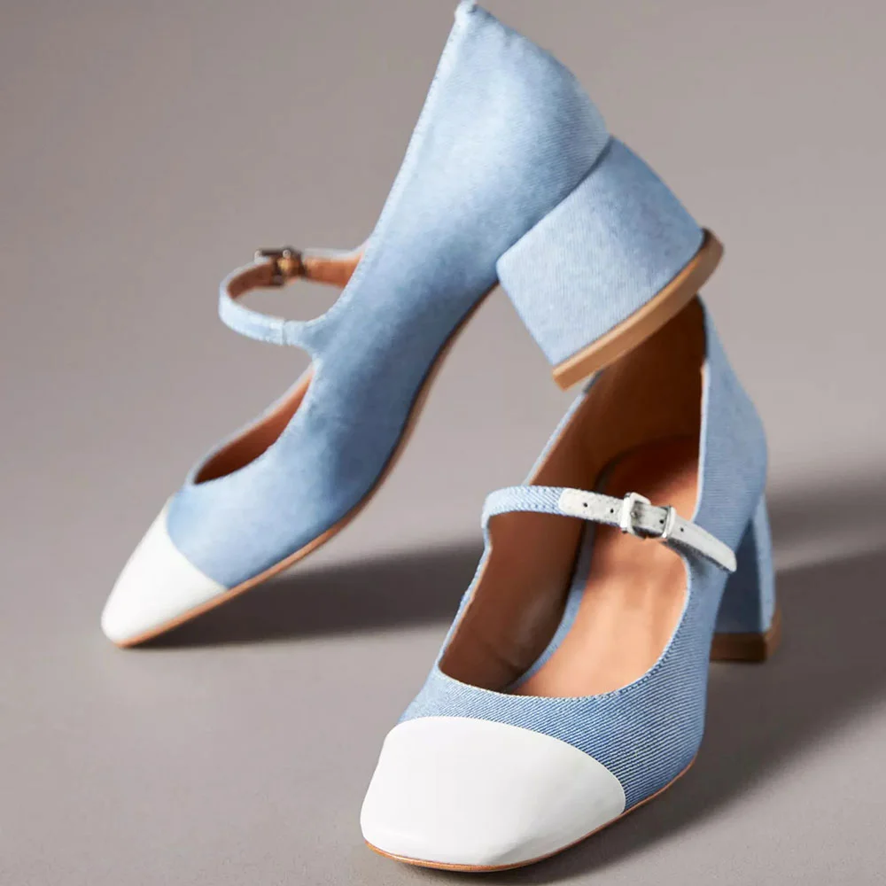 Blue & White Textile Buckled Strappy Mary Janes With Chunky Heels Nicepairs