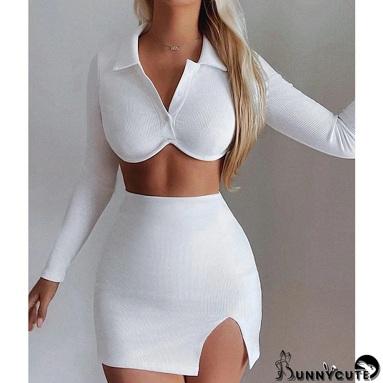 Summer Women Long Sleeve Crop Top + Split Mini Dress Two Piece Set