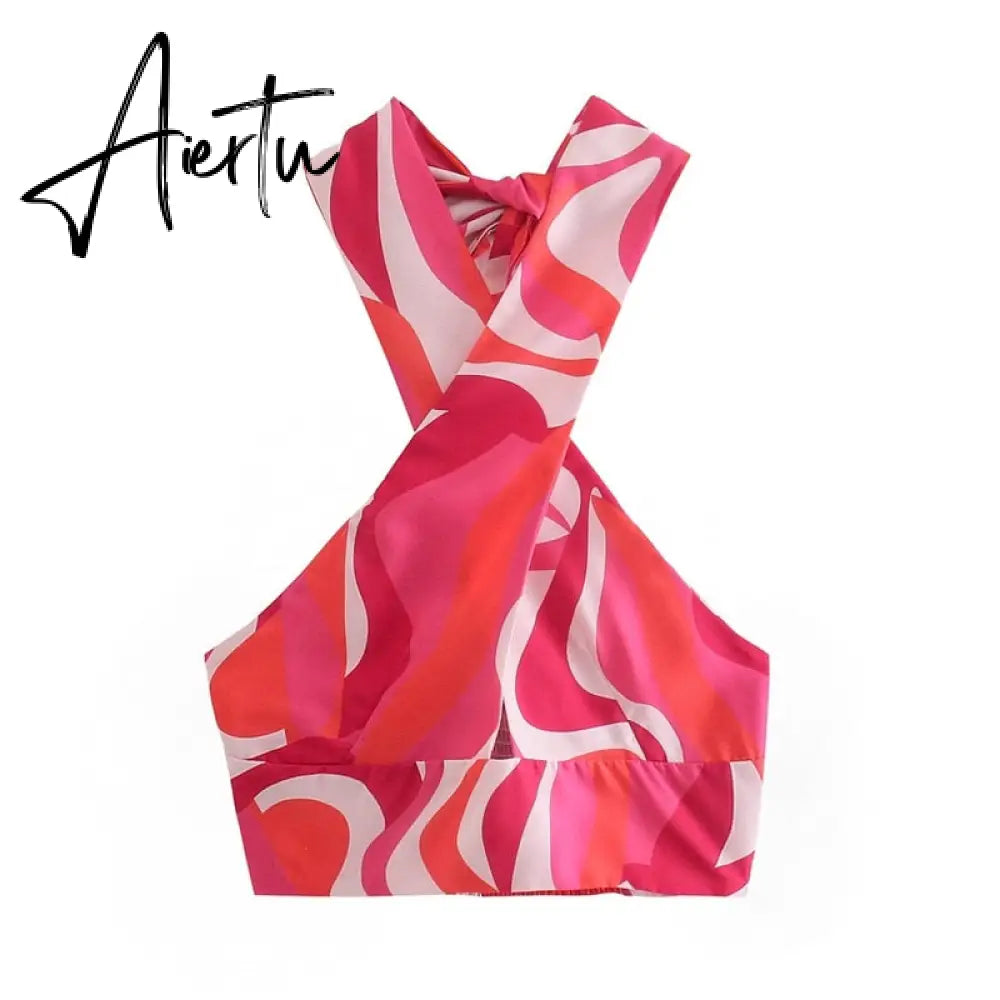 Aiertu  Print Crop Top Women Halter Neck Top Strapless Backless Cropped Tank Top Woman Summer Sexy Crossover Straps Tops Aiertu