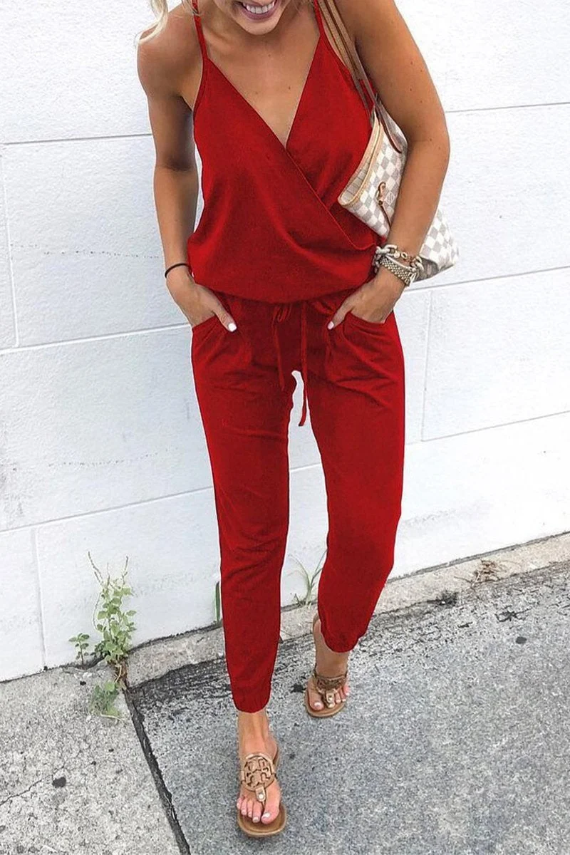Spaghetti Straps V Neck Drawstring Jumpsuit