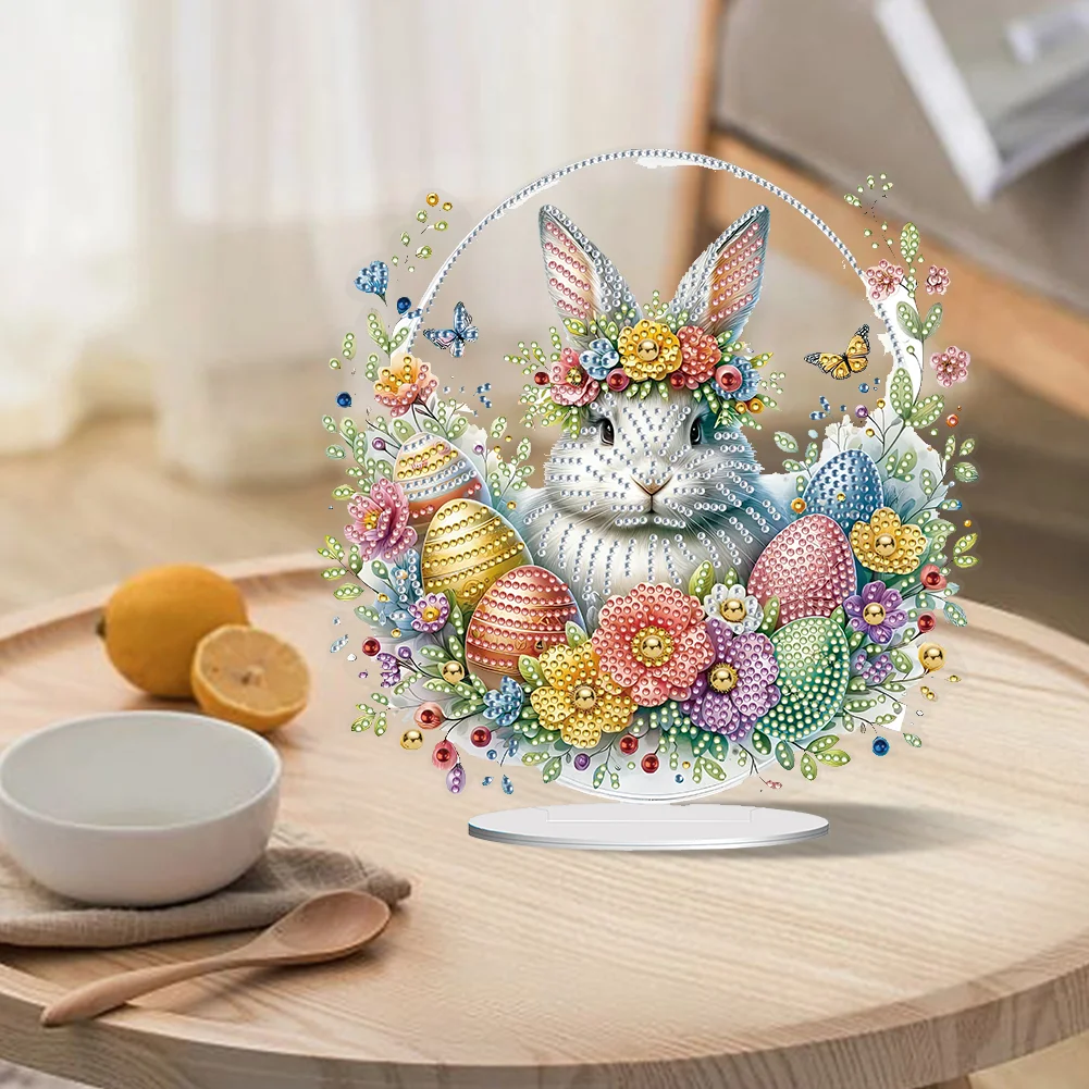 DIY Easter Cute Rabbit Egg Single-Sided Acrylic Diamond Painting Tabletop Ornament for Home Office Desktop Decor