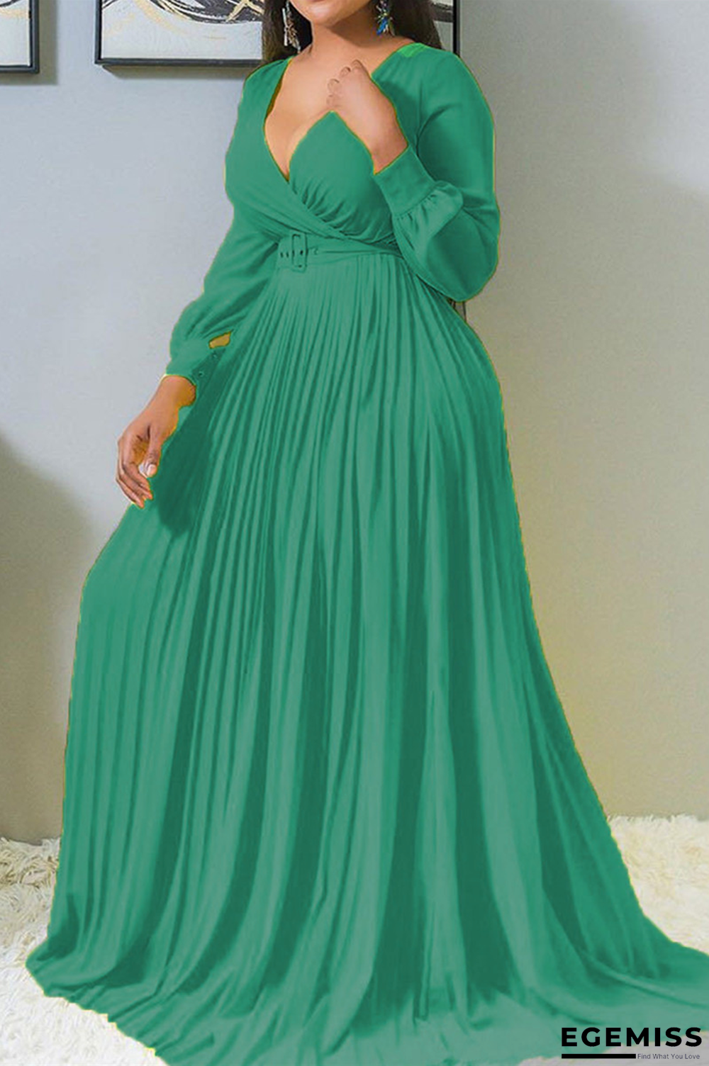 Green Sexy Fashion V-neck Long Sleeve Dress (Without Belt) | EGEMISS