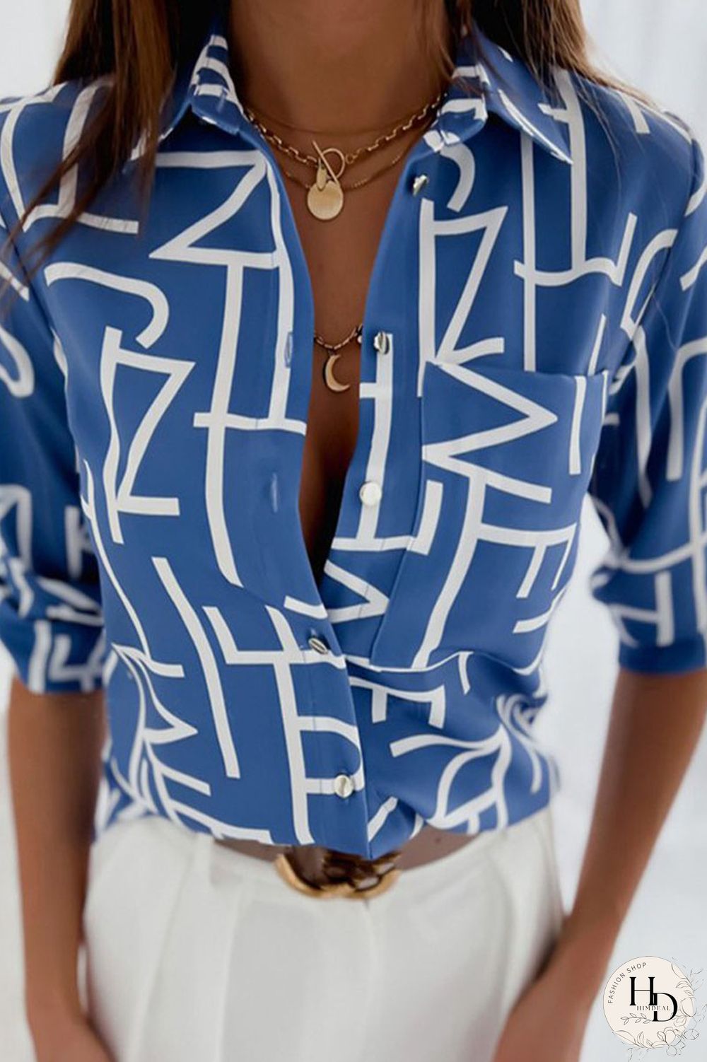 Blue Casual Print Patchwork Buckle Turndown Collar Tops