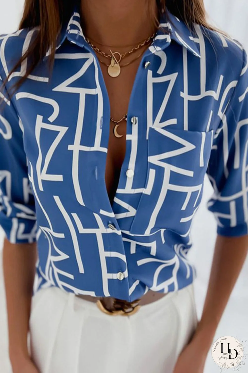 Blue Casual Print Patchwork Buckle Turndown Collar Tops