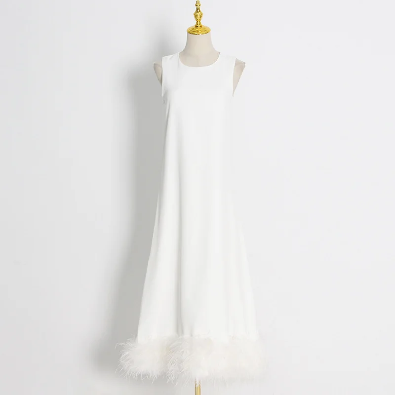 Zingj Zingj New Spring 2024 Round Collar Sleeveless Hem Stitching Feather Dress