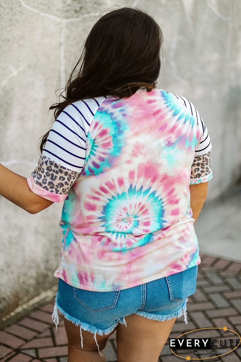 Tie-dye Print Leopard Striped Raglan Sleeve Plus Size Tee