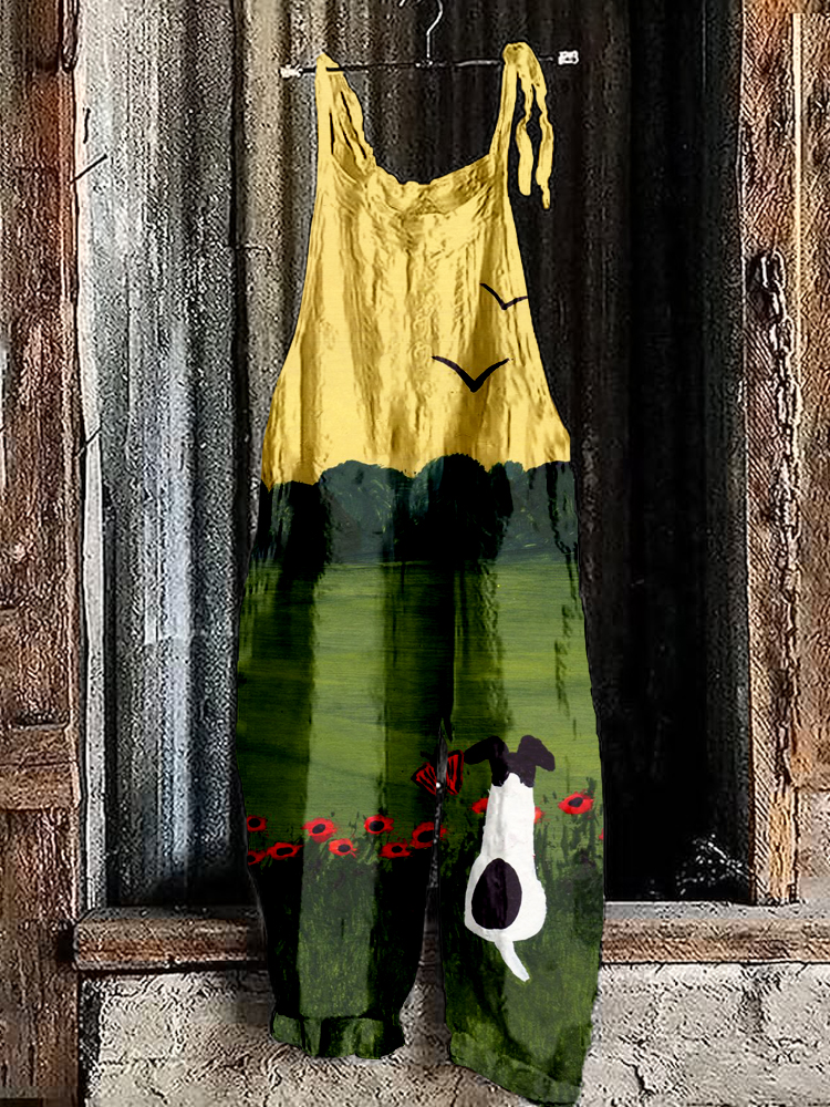 Cute Dog Art Painting Linen Blend Cozy Jumpsuit wearshes
