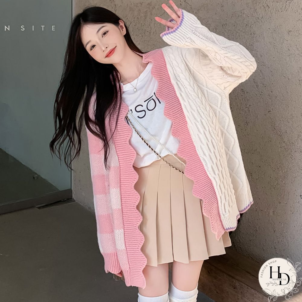 Lattice Print Colorblock Pocket Loose Cardigan Sweater