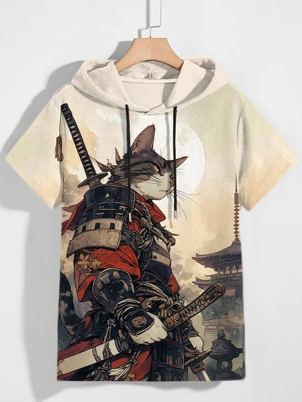 Men's Cat Warrior Guard With Knife Art Print Hooded T-Shirt