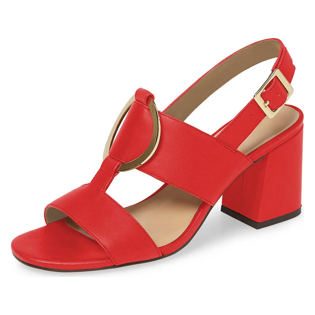 Red Open Toe Slingback Block Heeled Sandals with Buckle Strap