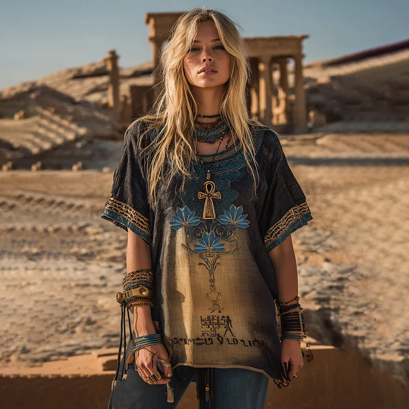 Ancient Egyptian Blue Lotus And Ankh Embroidered Cotton And Linen T-shirt