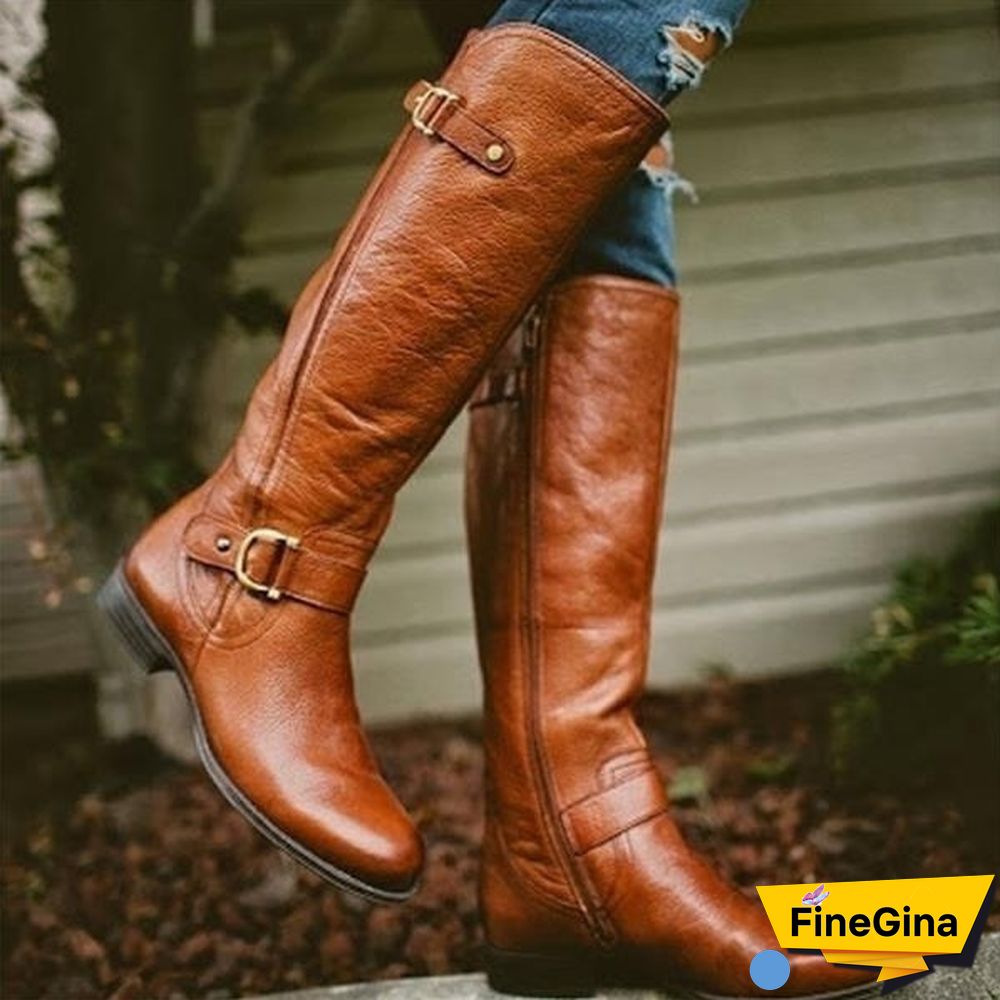 New Fashion Women Shoes Plus Size 34-43 Bottes Femmes Botas Mujer Kvinnoskor Cowgirls Military Combat Buckle Knee High Boots Genuine Leather Low Heel Women Knight Boots