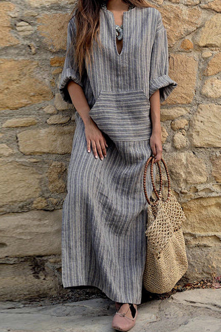 Casual Striped Split Joint V Neck Straight Dresses - Life is Beautiful for You - SheChoic