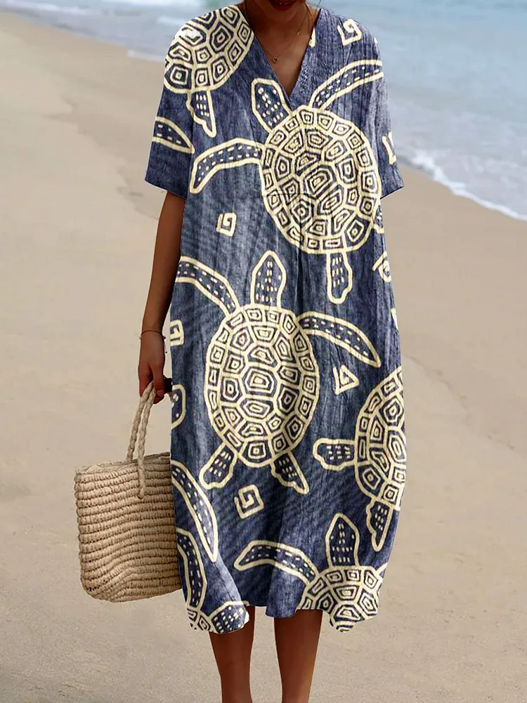 Women's Vintage Ocean Turtle Art Print Flowy Dress