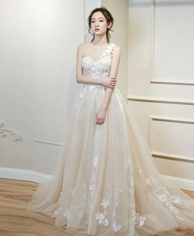 Light Champagne Tulle Lace Long Prom Dress, Wedding Dress