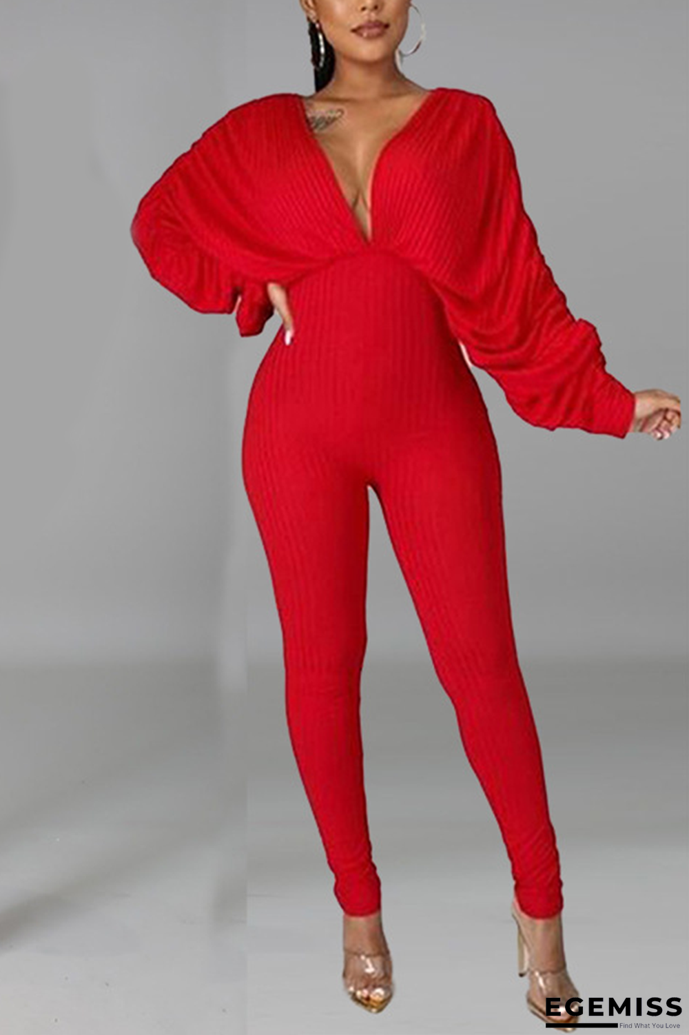 Red Sexy Solid Patchwork V Neck Skinny Jumpsuits | EGEMISS