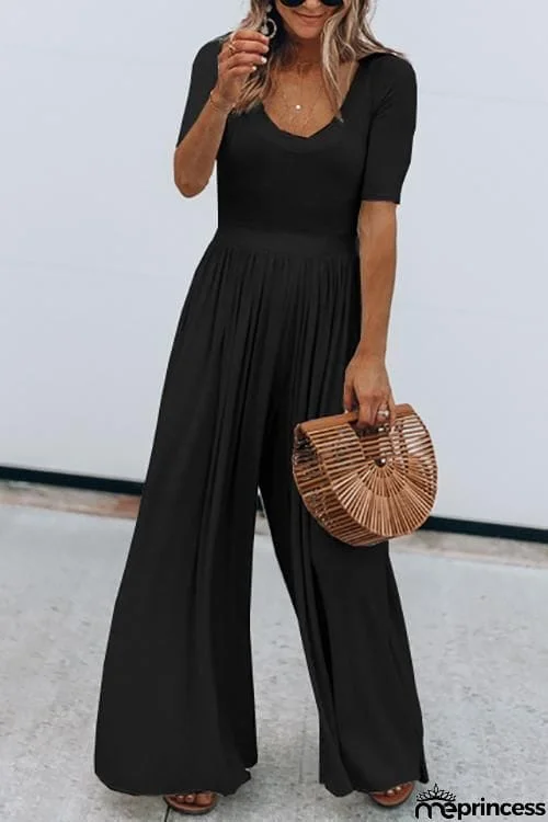 U Neck Short Sleeve Loose Jumpsuit