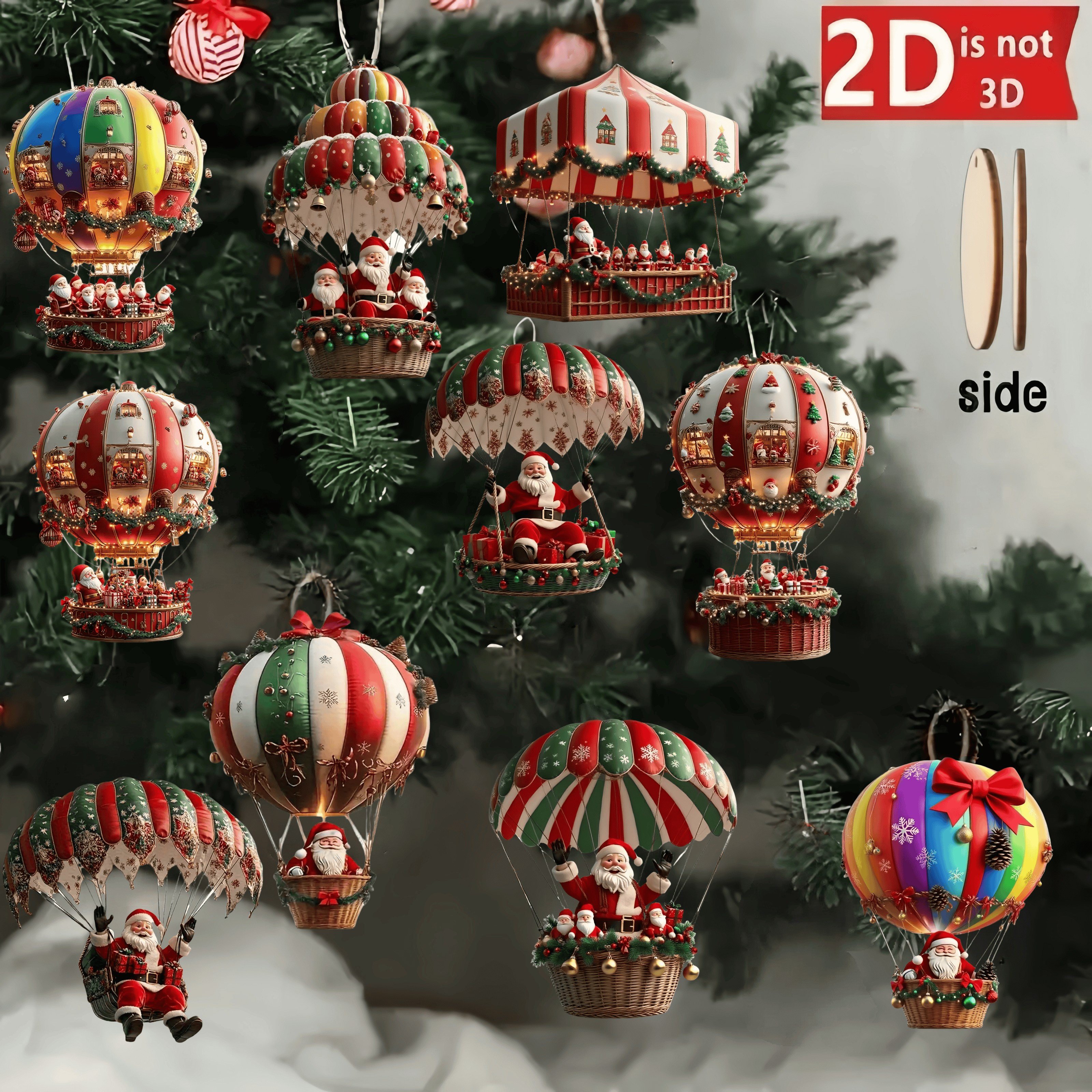 Tegooe 10-Piece Christmas Wooden Ornament Set Flat 2D Printed Santa Theme Pendants