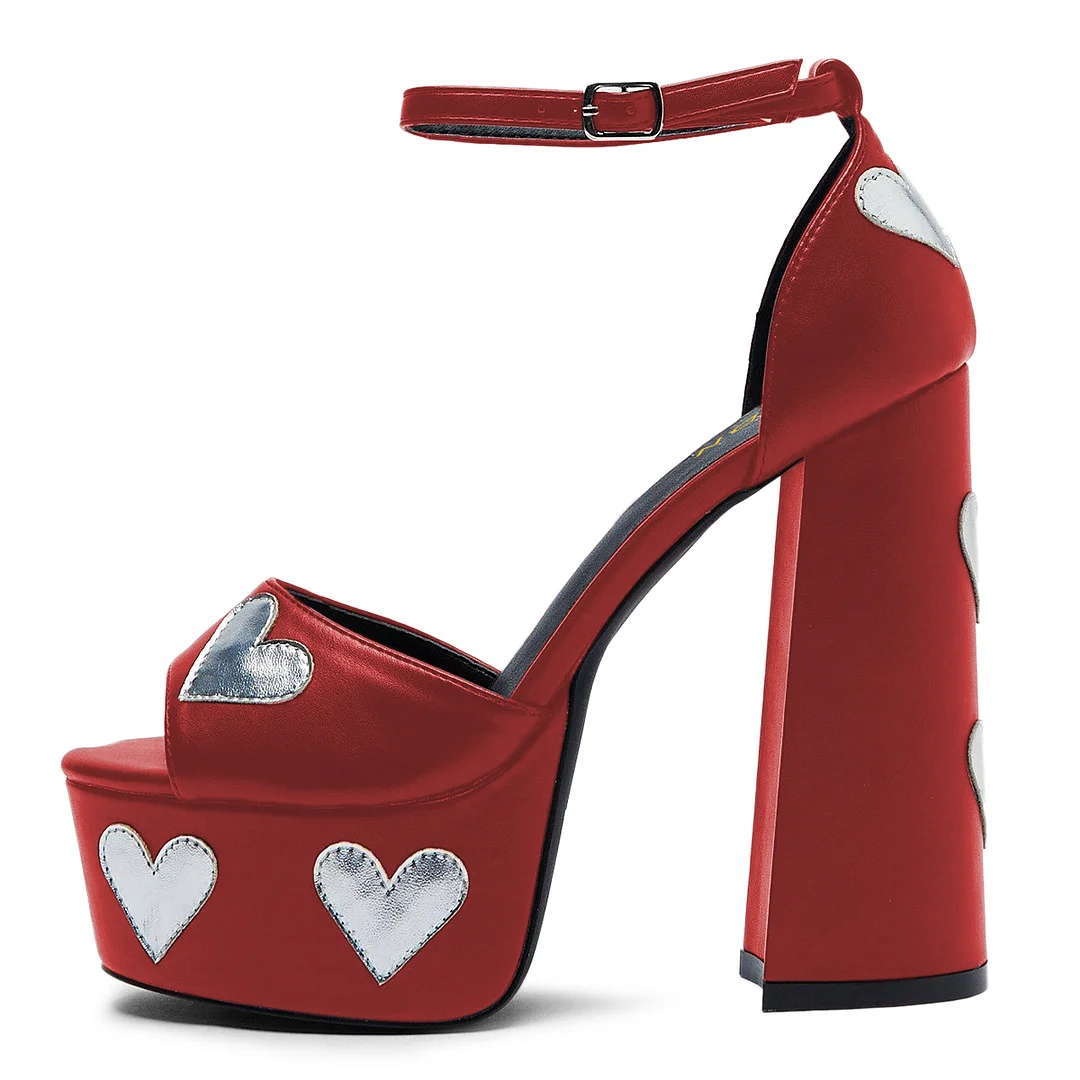 Shiny Vegan Leather Heart Patch-Work Platform Sandals in Maroon