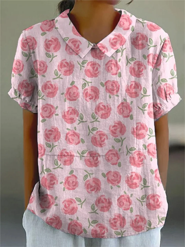 Lovely Pink Rose Pattern Printed Women's Casual Cotton And Linen Shirt