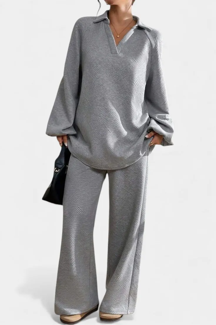 Textured Shirt-Collar Top & Wide-Leg Trousers Set